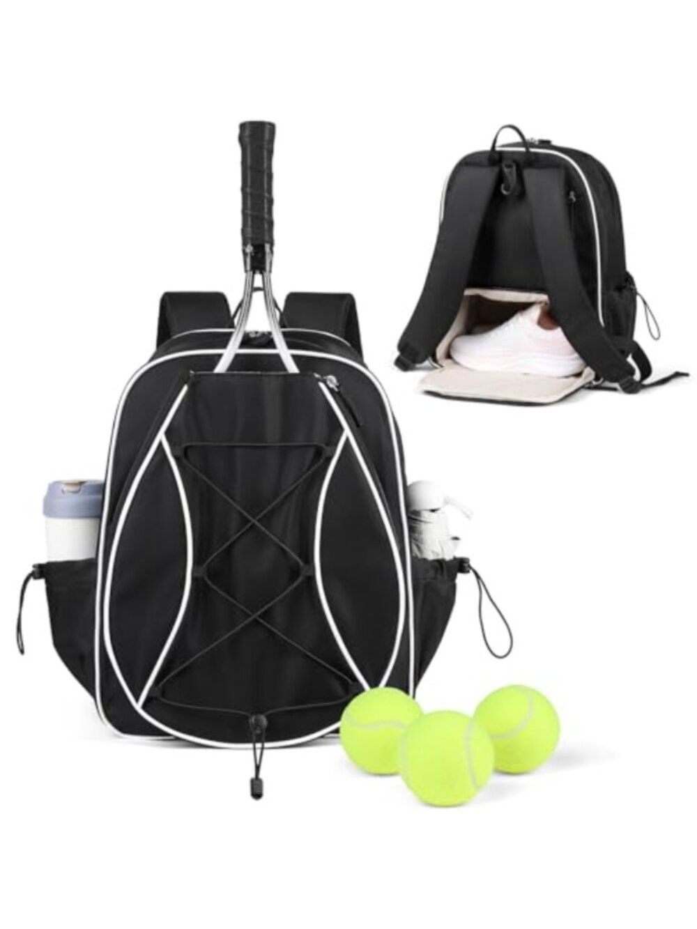 Water-Resistant Tennis Backpack for Men Women Holds 2 Rackets Shoe Compartment